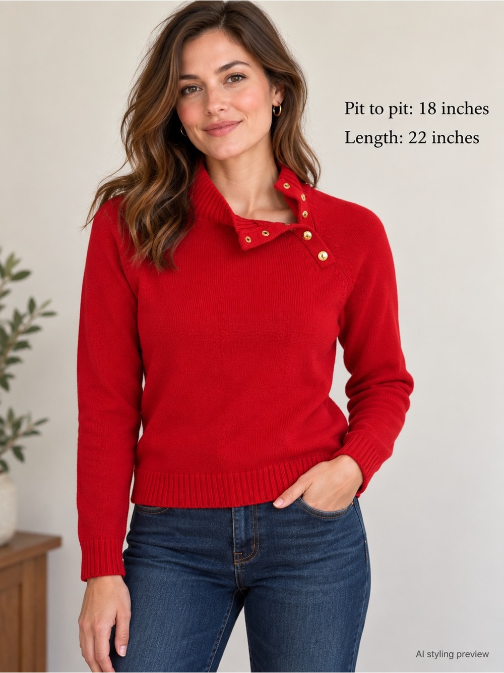 Chaps Petite Small Red Cotton Mock Neck Sweater Gold Snap Long Sleeve